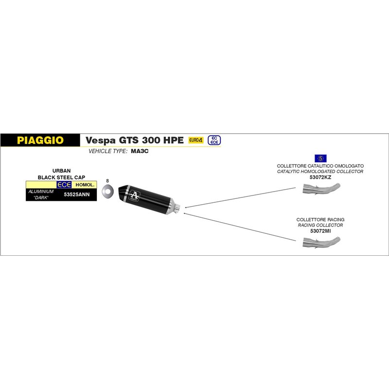 PIAGGIO VESPA GTS 300 HPE 2019 - 2020 CONECTOR RACING PARA ESCAPE URBAN