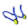 Caballete delantero Bihr para horquillas perforadas. Color azul y ruedas amarillas.