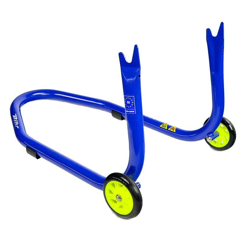 Caballete trasero Bihr con soportes en V para diábolos. Color azul y ruedas amarillas.