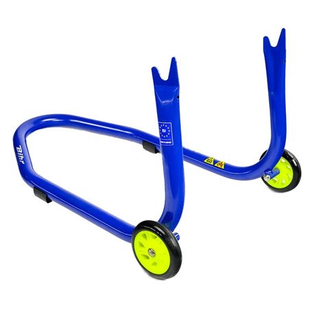 Caballete trasero Bihr con soportes en V para diábolos. Color azul y ruedas amarillas.
