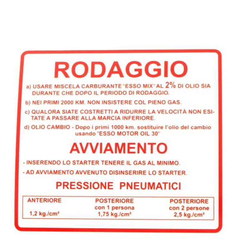 Adhesivo rodaggio Piaggio Vespa Rally 180-200cc 610170M