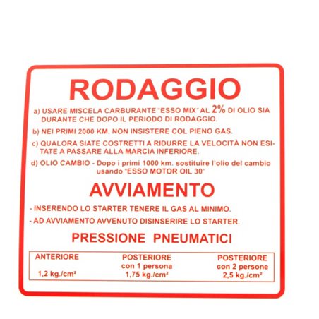 Adhesivo rodaggio Piaggio Vespa Rally 180-200cc 610170M