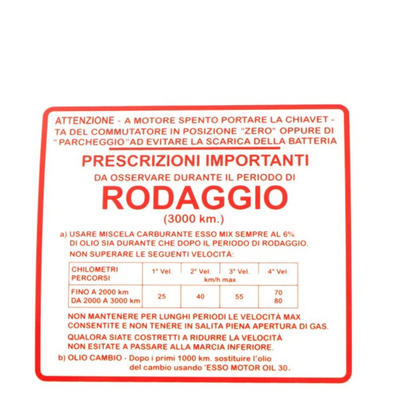 Adhesivo rodaggio Piaggio Vespa Gs 150cc 610292M Adhesivo rodaggio Piaggio Vespa Gs 150cc 610292M